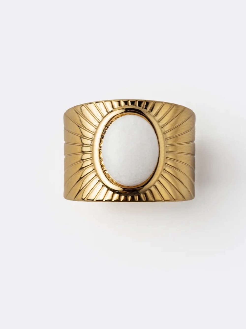 Stainless Steel Open Ring with Oval White Stone Boho Chic Jewelry